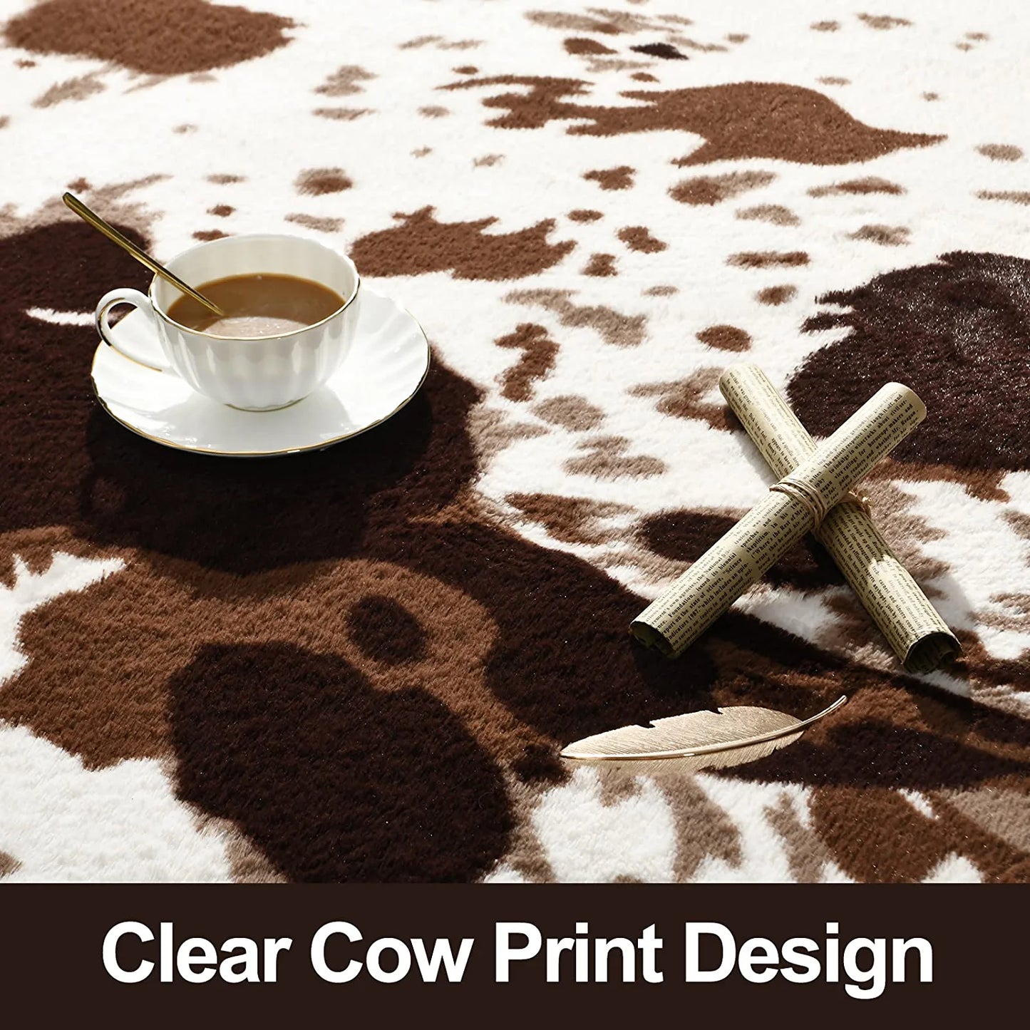Cow Print Area Rugs Cowhide Rugs 4.6Ft X5.2Ft for Living Room Bedroom Western Decor, Cute Fluffy Cowhide Carpet Faux Fur Rug, Soft Fuzzy Rug for Home, Brown and White,(140*158Cm)