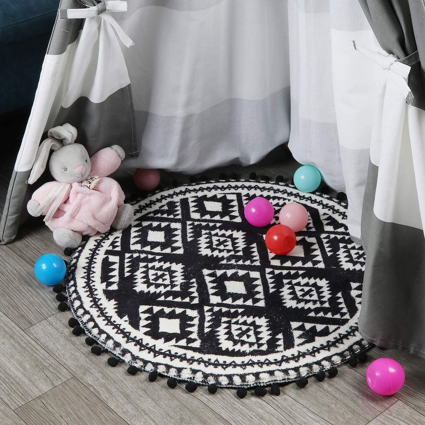 round Area Rugs 2Ft with Pom Pom Ball Fringe Black and Beige Soft Velvet Small Throw Rugs Non-Slip Boho Geometric Floor Carpet for Bedroom Living Room Bathroom Home Decor
