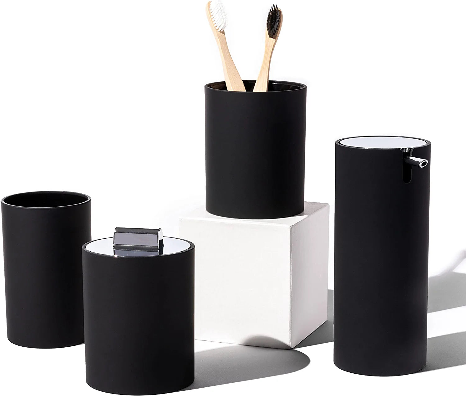 Sleek Matte Black Bathroom Accessory Set 4 Pcs Complete Bathroom Set Modern Bathroom Decor Bathroom Organizer Accesorios Para Baños Toothbrush Holder Soap Dispenser Set Home Decor Clearance