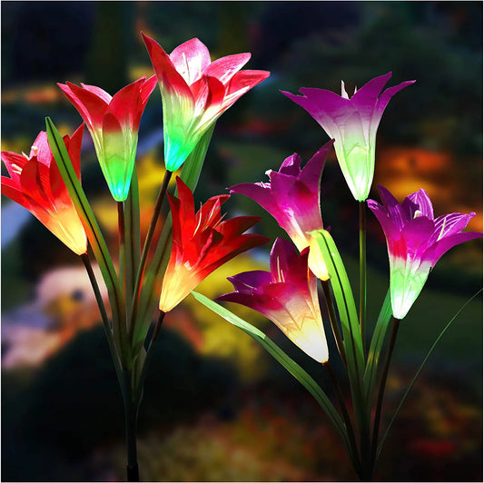 Solar Lights Outdoor - New Upgraded Solar Garden Lights, Multi-Color Changing Lily Solar Flower Lights for Patio,Yard Decoration, Bigger Flower and Wider Solar Panel (2 Pack,Purple and Red)