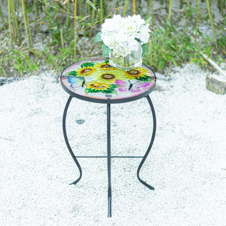 Mosaic Side Table Outdoor for Patio, Indoor Accent Table Coffee Table for Bistro, Plant End Table Small, Sunflower Round Glass Plant Table Stands