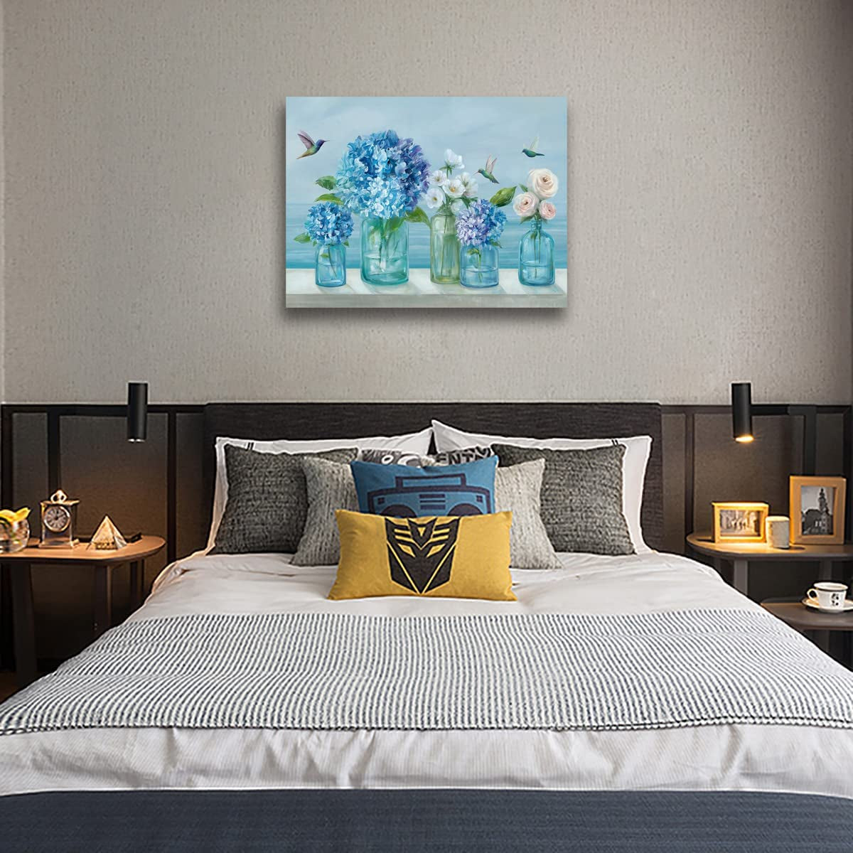 Flowers Canvas Wall Art White Floral Canvas Pictures Rose Hydrangea in Jar Wall Decor Bird Print Blue Painting Contemporary Artwork Living Room Bedroom Kitchen Home Decor 12"X 16"