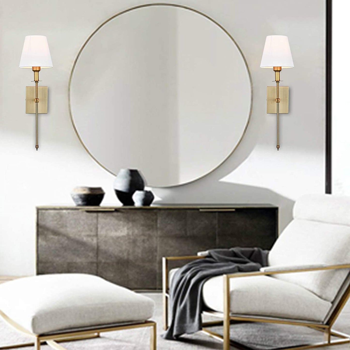 Slim Wall Sconces Set of 2 White Fabric Shade Wall Sconce Hardwired Indoor Wall Light Column Stand Bedroom Wall Lamp Bathroom Vanity Light Fixture, Antique Brass