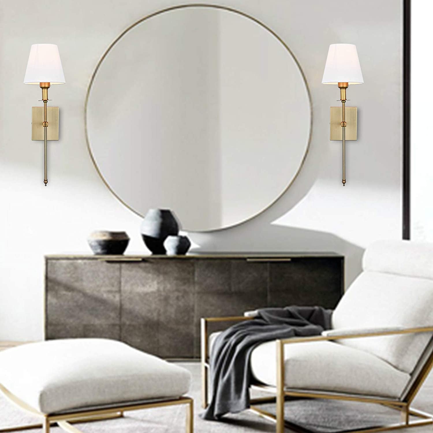Slim Wall Sconces Set of 2 White Fabric Shade Wall Sconce Hardwired Indoor Wall Light Column Stand Bedroom Wall Lamp Bathroom Vanity Light Fixture, Antique Brass