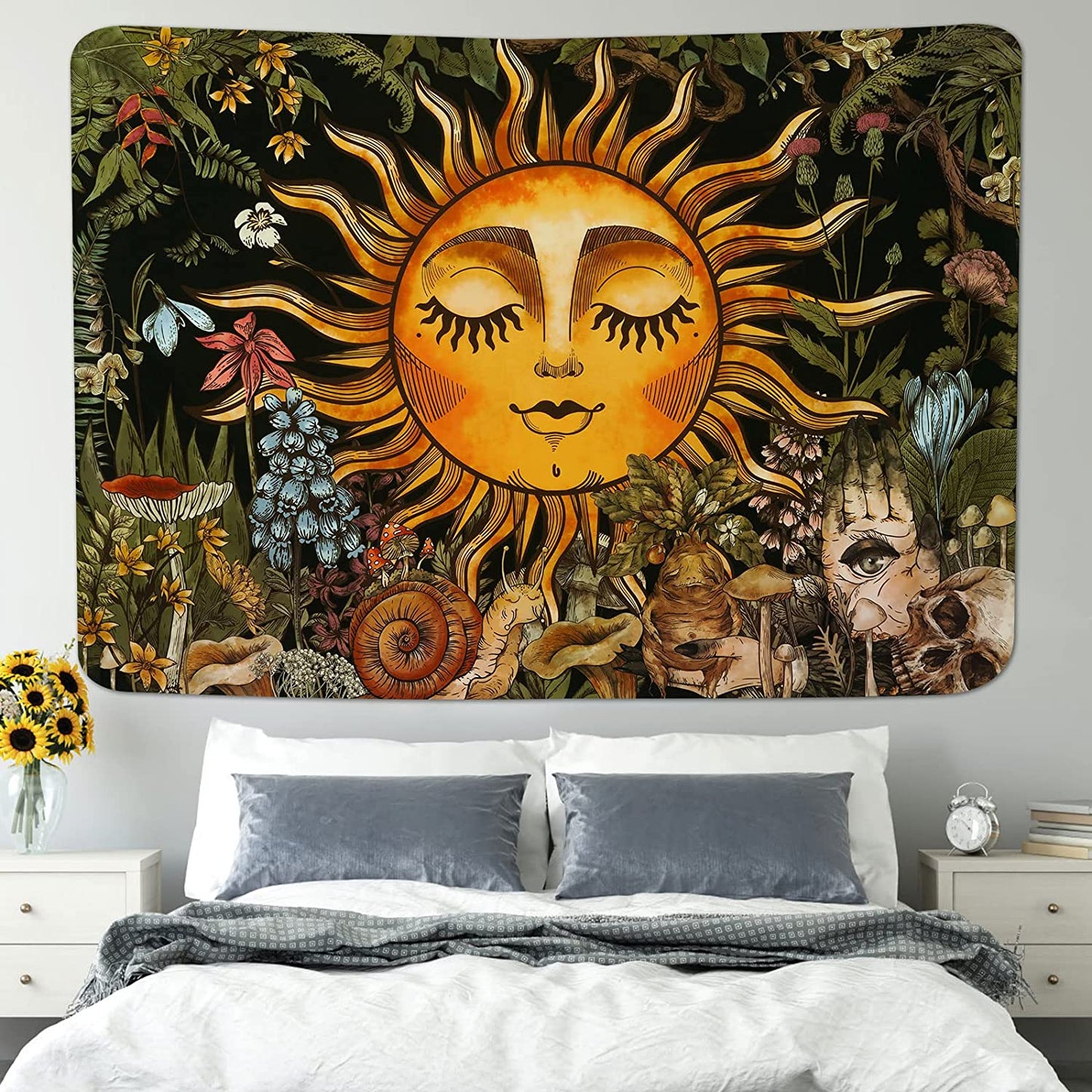 Burning Sun Tapestry Vintage Floral Tapestry Plants and Leaves Tapestries Mystic Hippie Tapestry Snail and Skull Tapestry Wall Hanging for Room(51.2 X 59.1 Inches)