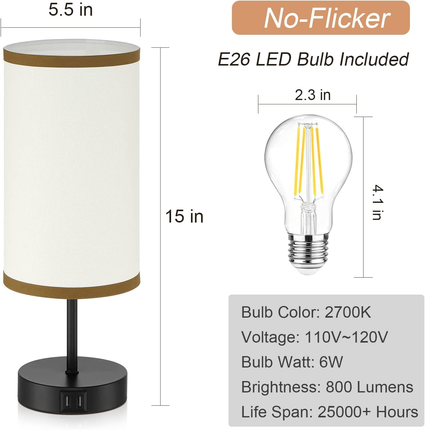Bedside Lamp with 2 USB Ports,  3-Way Dimmable Touch Control Table Lamp for Bedroom, Nightstand Lamp with round White Fabric Shade for Living Room Home Office (E26 LED Bulb Included)