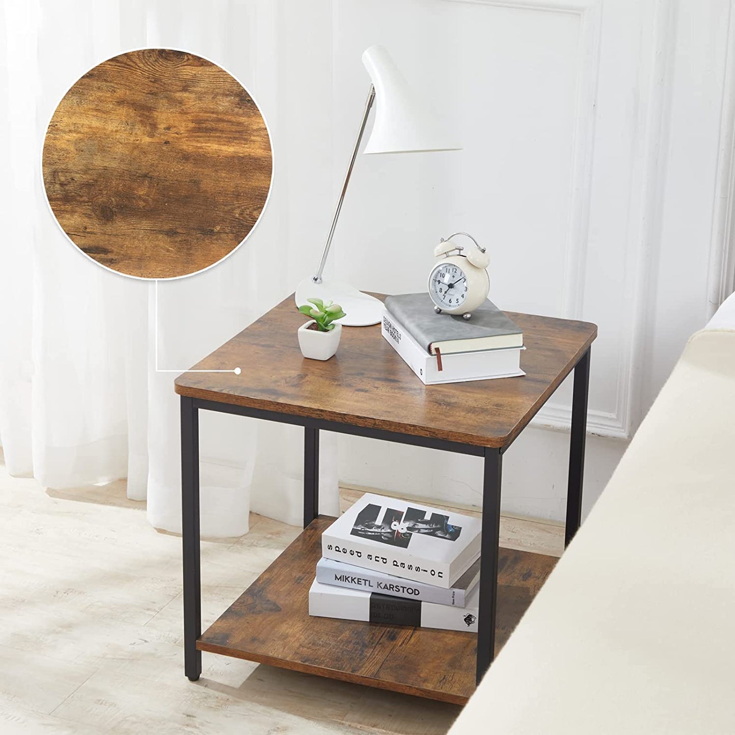 Side Table 20 Inch Square Modern End Table, Night Stand with 2-Tier Storage Shelf, Living Room Small Coffee Table, Wood Finish Bedside Table for Bedroom
