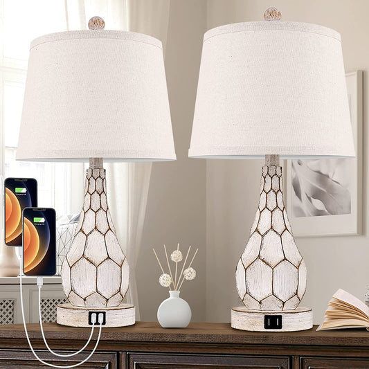 Rustic Dimmable Touch Table Lamps Set of 2 Retro Bedside Lamps with 2 USB Charging Ports 3-Way Dimmable Nightstand Lamps for Bedroom Living Room Office Vintage Desk Lamps with Fabric Shade & LED Bulbs