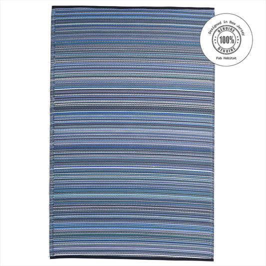 Outdoor Rug - Waterproof, Fade Resistant, Crease-Free - Premium Recycled Plastic - Striped - Patio, Deck, Porch, Balcony, Laundry Room - Cancun - Indigo - 4 X 6 Ft