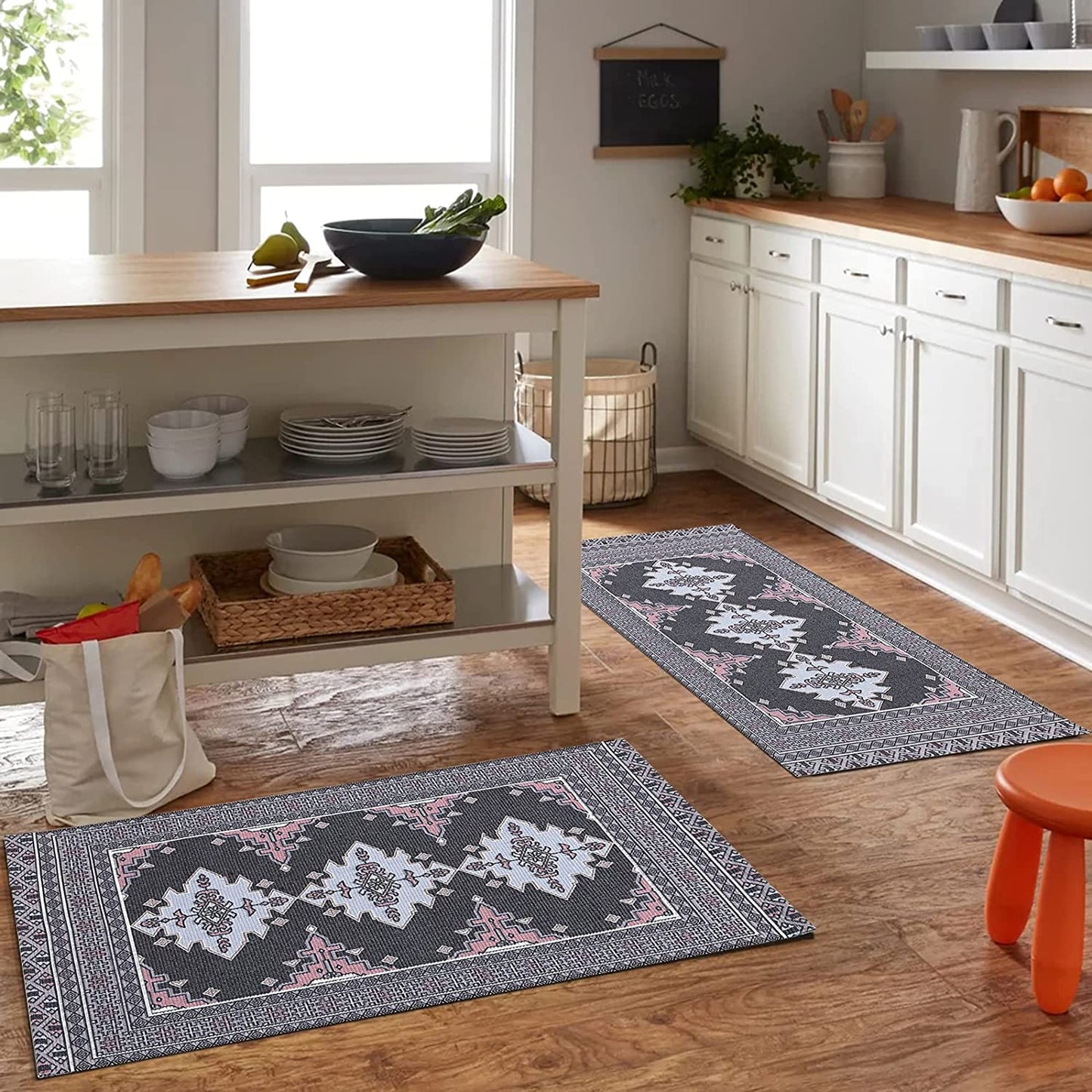 Persian Tribal Throw Rugs with Non-Slip Pad, Aztec Ethnic African Oriental Small Cotton Area Rug 2X3, Distressed Kilim Rug Floor Carpet for Kitchen Bathroom Washable (Charcoal Grey, 2X3)