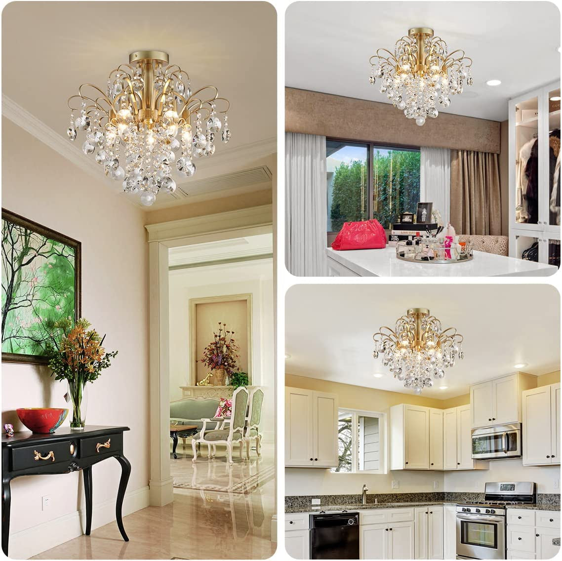 Crystal Chandelier Flushmount Ceiling Light Modern Lighting Fixture for Bedroom Hallway Bar Kitchen Bathroom, H 17.5'' X W 19.3'', E12 Base, Gold