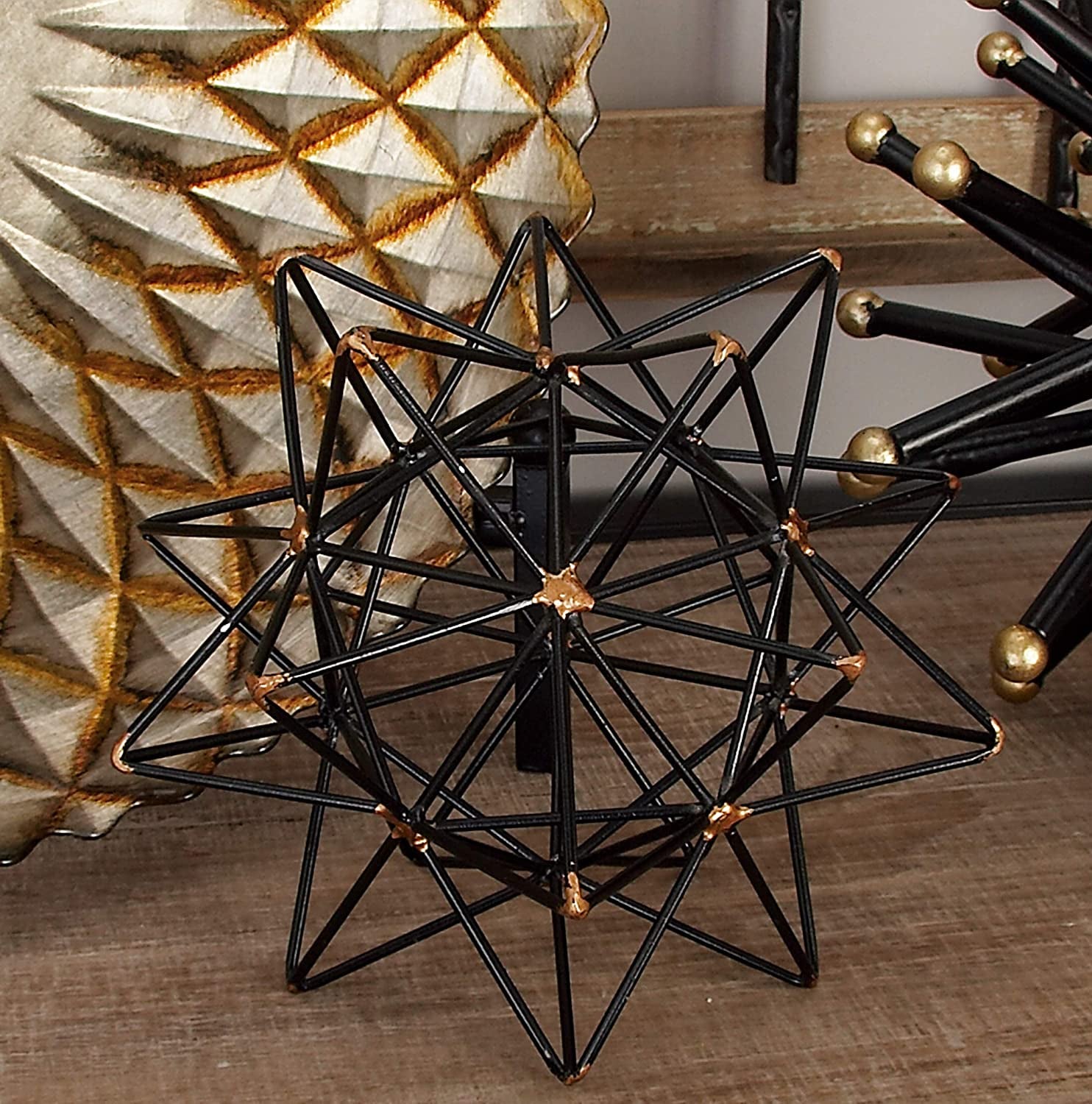 Metal Geometric Sculpture with Gold Accents, 7" X 7" X 7", Black