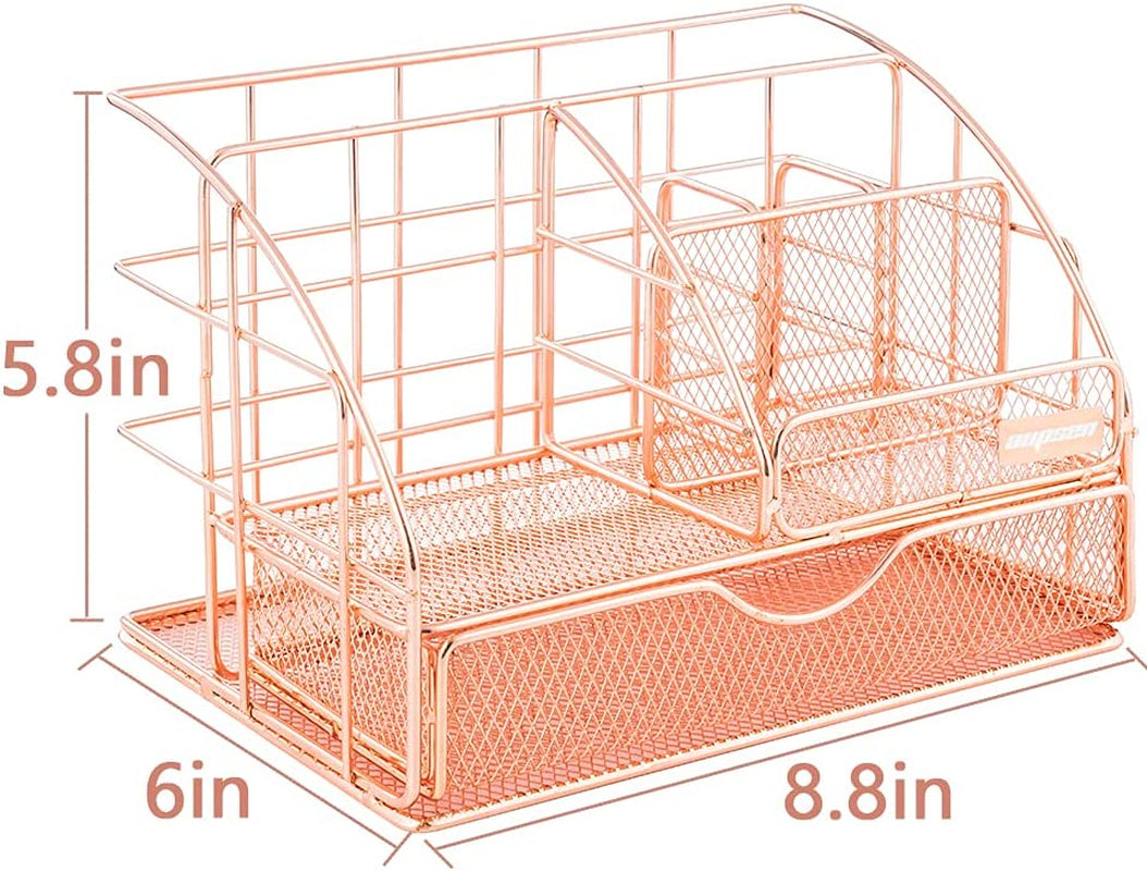 Desk Organizers and Accessories - Upgraded Desktop Organizer for Woman, Features 6 Compartments + 1 Large Sliding Drawer (Rose Gold)