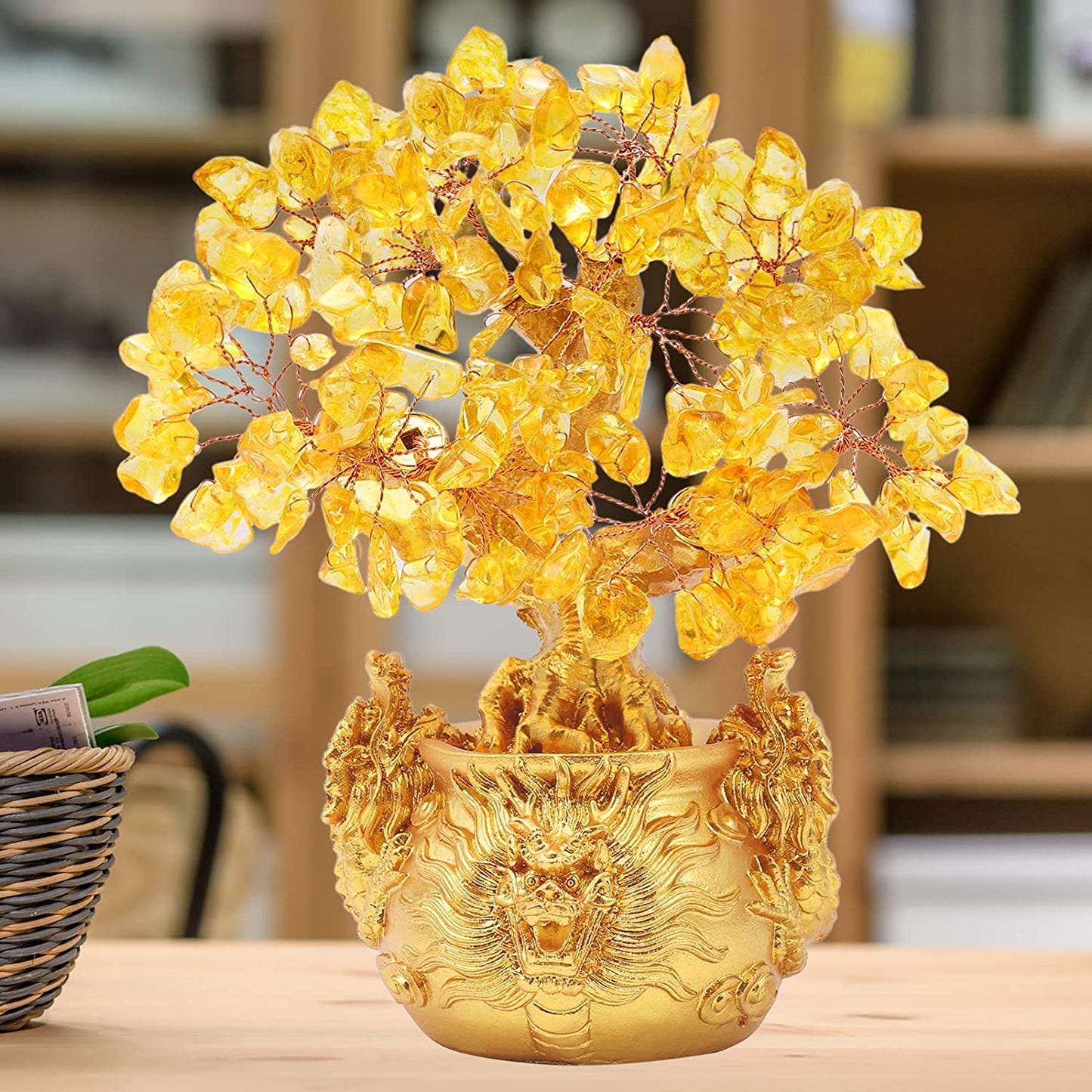 Feng Shui Citrine/Yellow Crytal Money Tree Bonsai with Chinese Decoration for Luck and Wealth