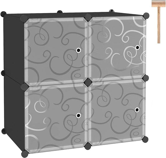 Cube Storage with Doors, 4-Cube Storage Organizer, Plastic Closet Cabinet, Modular Book Shelving Units, Storage Shelves, Ideal for Living Room, Home, Office, 24.8" L X 12.4" W X 24.8" H Black