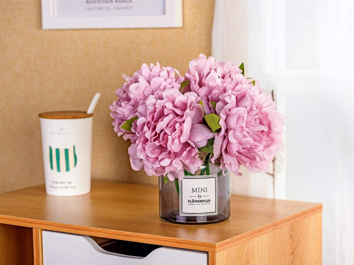 ,Artificial Flowers with Vase, Fake Peony Flowers in Gray Vase,Faux Flower Arrangements for Home Decor,Light Lilac ,Small