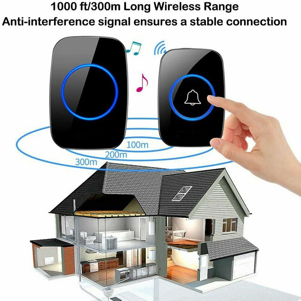 Waterproof Wireless Doorbell Adjustable Volume 1000FT Plugin Receiver 38 Chime