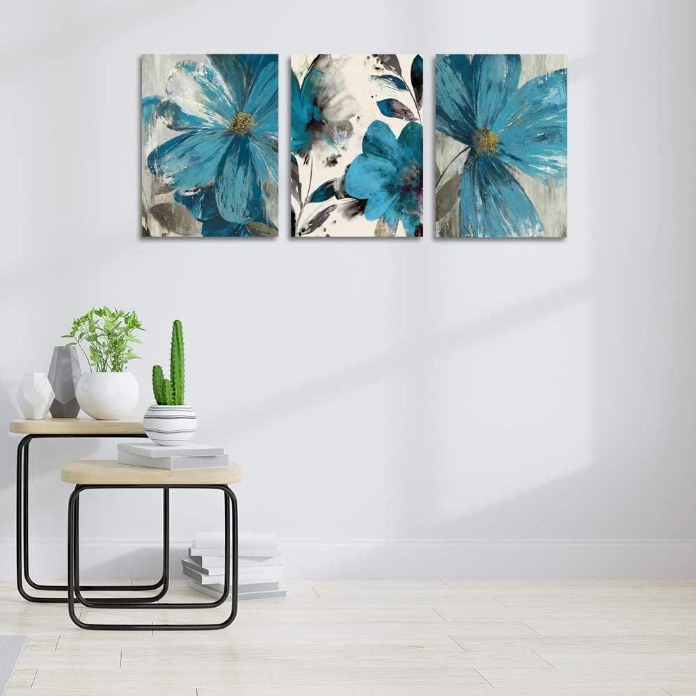 Flowers Poster Prints Wall Art Retro Abstract Floral Canvas Picture Wall Decor Painting Modern Artwork Wall Decoration for Bedroom Living Room Framed 12 X 16 X 3 Pieces, 12 X 16 Inch, Blue