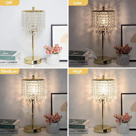 Crystal Table Lamp Set of 2, 3-Way Dimmable Nightstand Lamp with 2 USB Charging Ports, Gold Bedside Lamp for Bedroom, Touch Small Lamp with Elegant Shade for Living Room, B11 LED Bulb Included