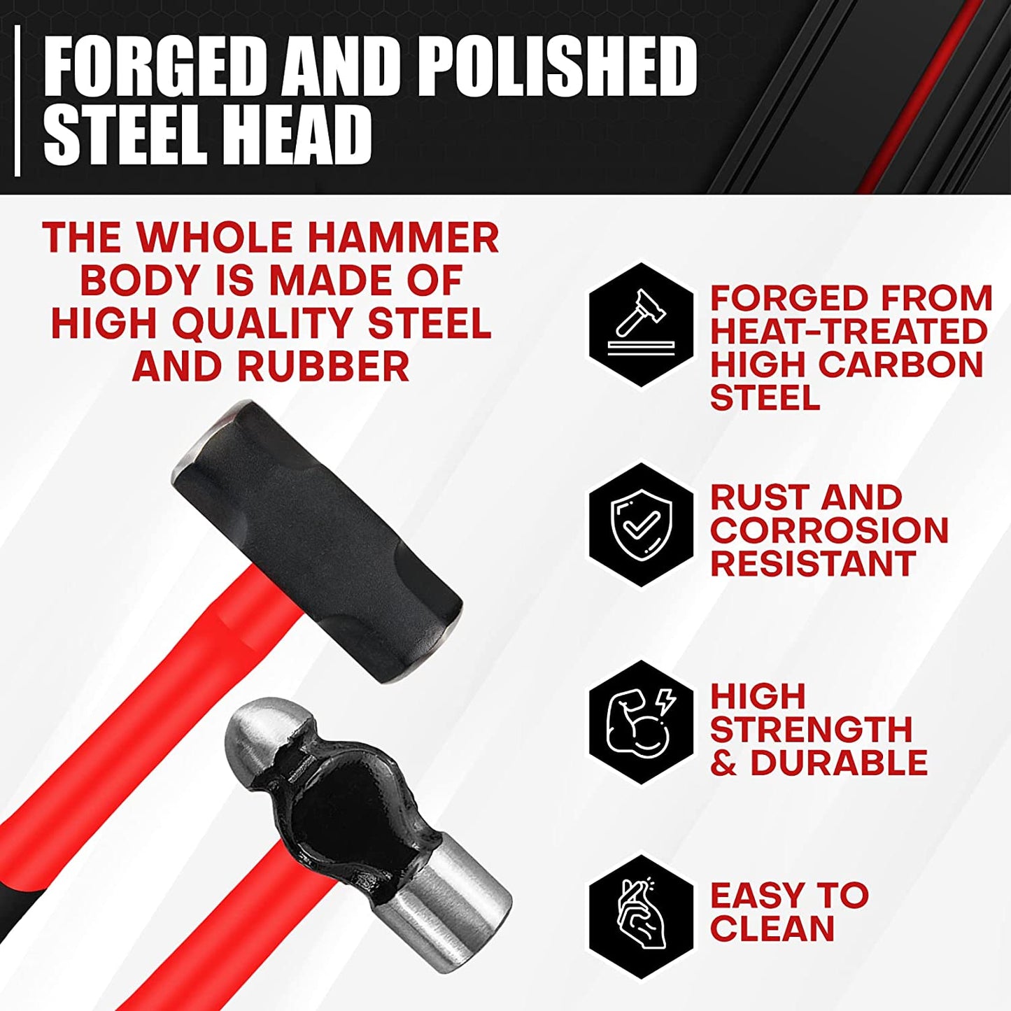 5-Piece Hammer Set, Fiberglass Handle Mallets for Soft Blow Tasks, Shock Reduction Grip Home Garage Kit with Rubber Hammer, Ball Peen Hammer, Sledge Hammer, Cross Peen Hammer