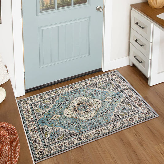 Persian Floral Medallion Area Rug - 2X3 Distressed Small Entryway Rug Doormat Vintage Non-Slip Washable Low-Pile Carpet for Indoor Front Entrance Kitchen Laundry Bathroom, Sky/Baby Blue