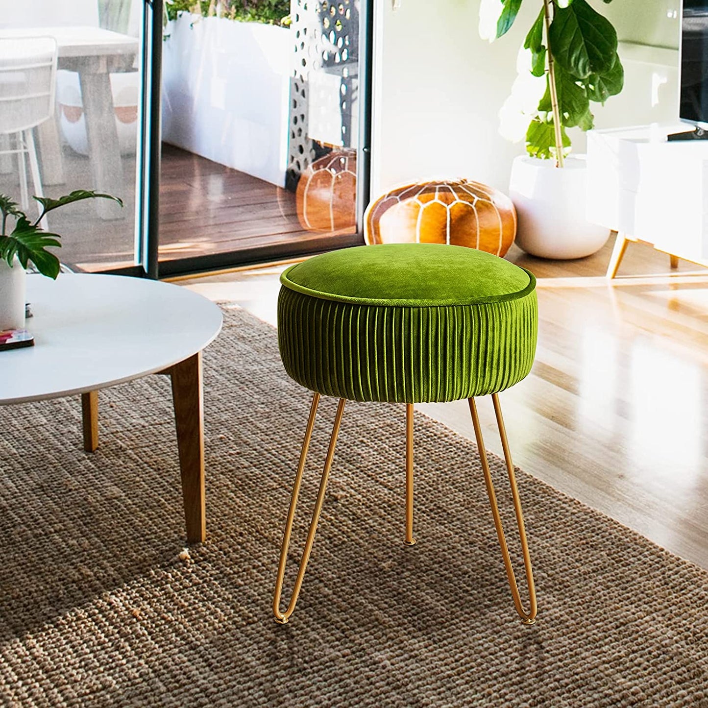 Mid Century Modern Velvet Upholstered Pleated round Footrest Stool Ottoman with Metal Legs, Home Multifunctional Luxury Ottoman Suitable for Living Room and Bedroom