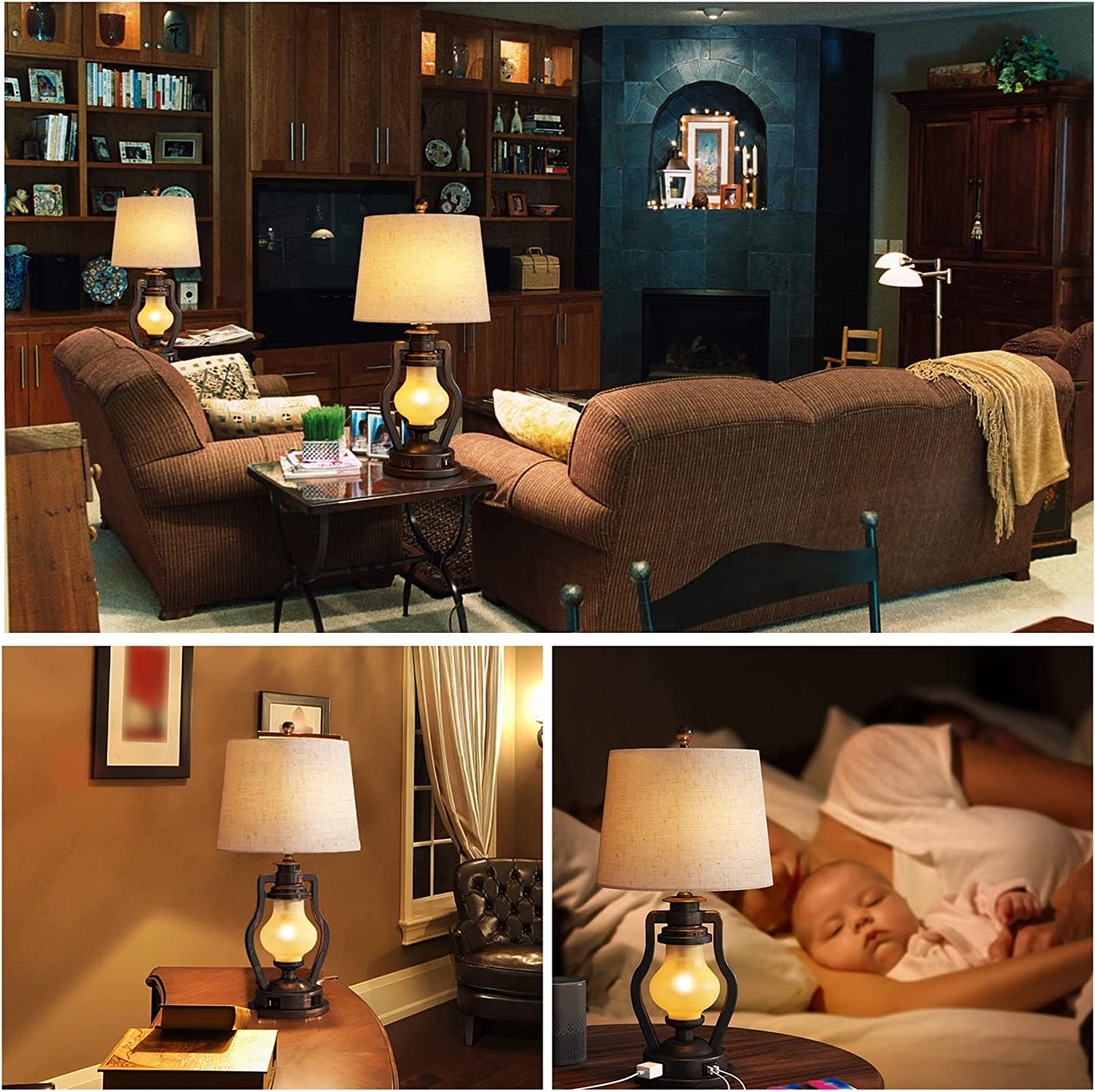 Farmhouse Table Lamps Set of 2 with Nightlight, Lantern Bedside Lamp with 2 USB Port and Outlet, 24 Inch Rustic Nightstand Lamp with Tapered Drum Shade for Living Room Bedroom, Bulbs Included