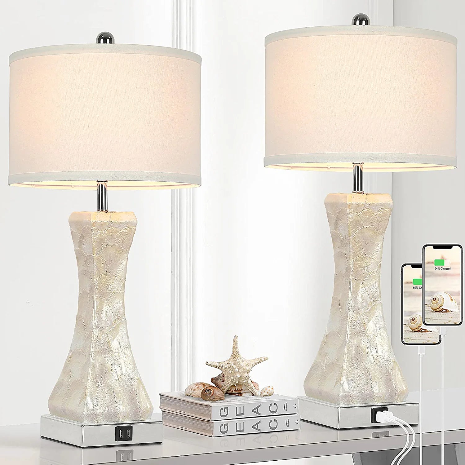 Set of 2 Touch Control Table Lamps with 2 USB Ports, Tall Bedside Nightstand Lamp for Bedrooms Living Room Reading Table, 3-Way Dimmable Coastal End Table Lamps, 2700K Warm White LED Bulb Included