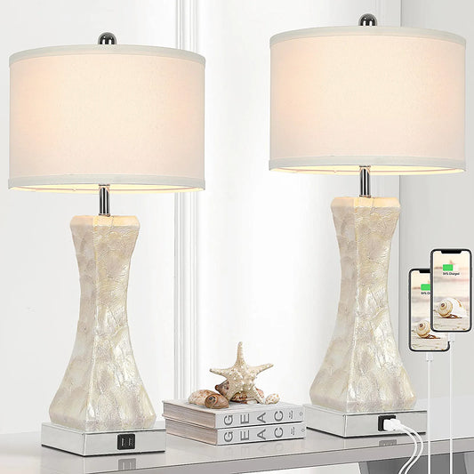 Set of 2 Touch Control Table Lamps with 2 USB Ports, Tall Bedside Nightstand Lamp for Bedrooms Living Room Reading Table, 3-Way Dimmable Coastal End Table Lamps, 2700K Warm White LED Bulb Included