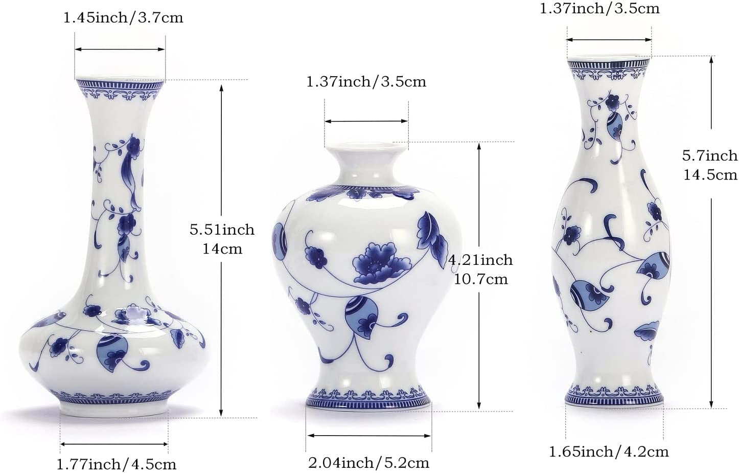 Blue and White Small Bud Vase Set, 3 Petite Classic Oriental Bottle Vases for Window Sill, Mini Art Fambe Glaze Floral Porcelain Vase Idea Shelf Décor and Coffee Table Décor