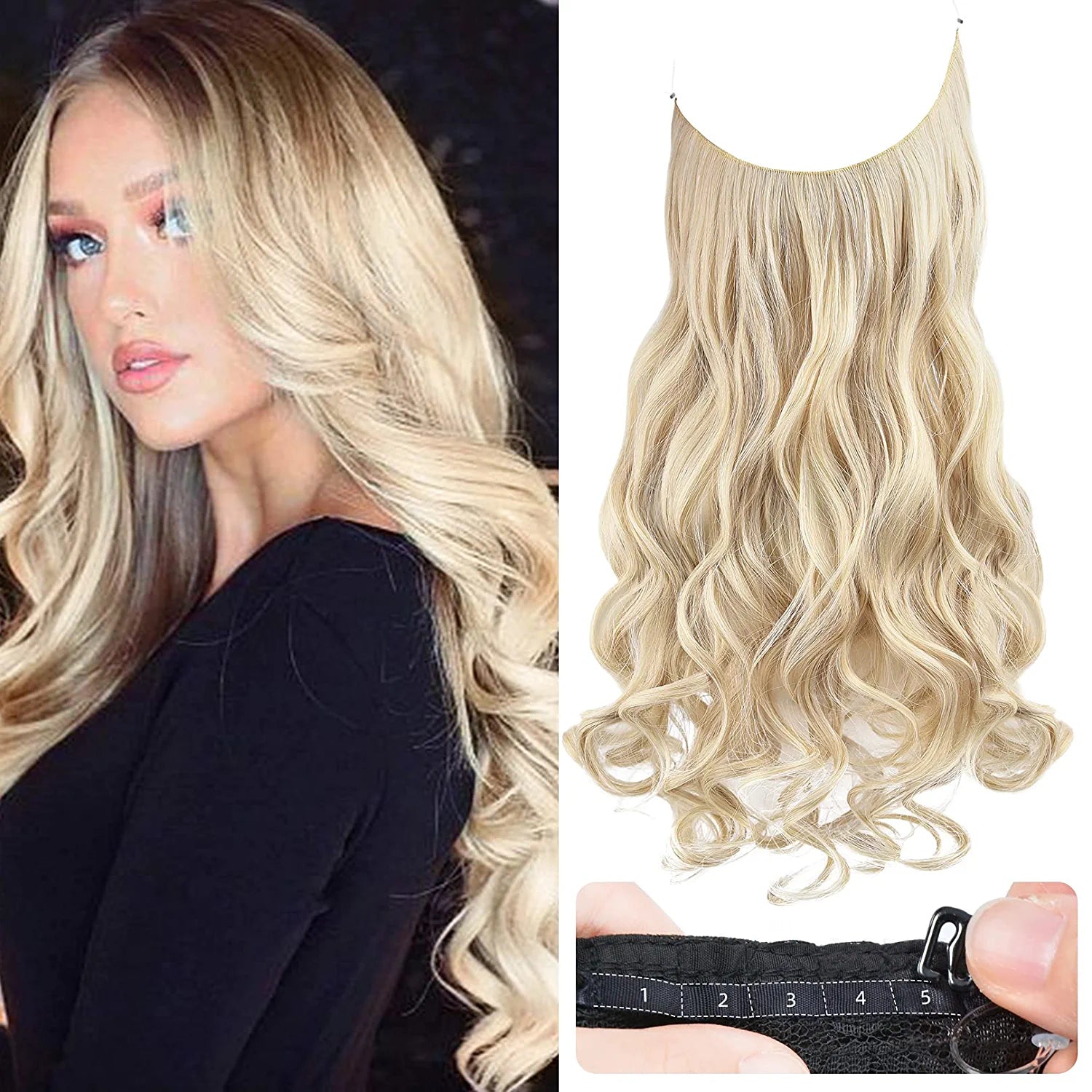 REECHO Invisible Wire Hair Extensions with Transparent Headband Adjustable Size Removable Secure Clips in Curly Wavy Secret Hairpiece for Women 20 Inch - Light Blonde