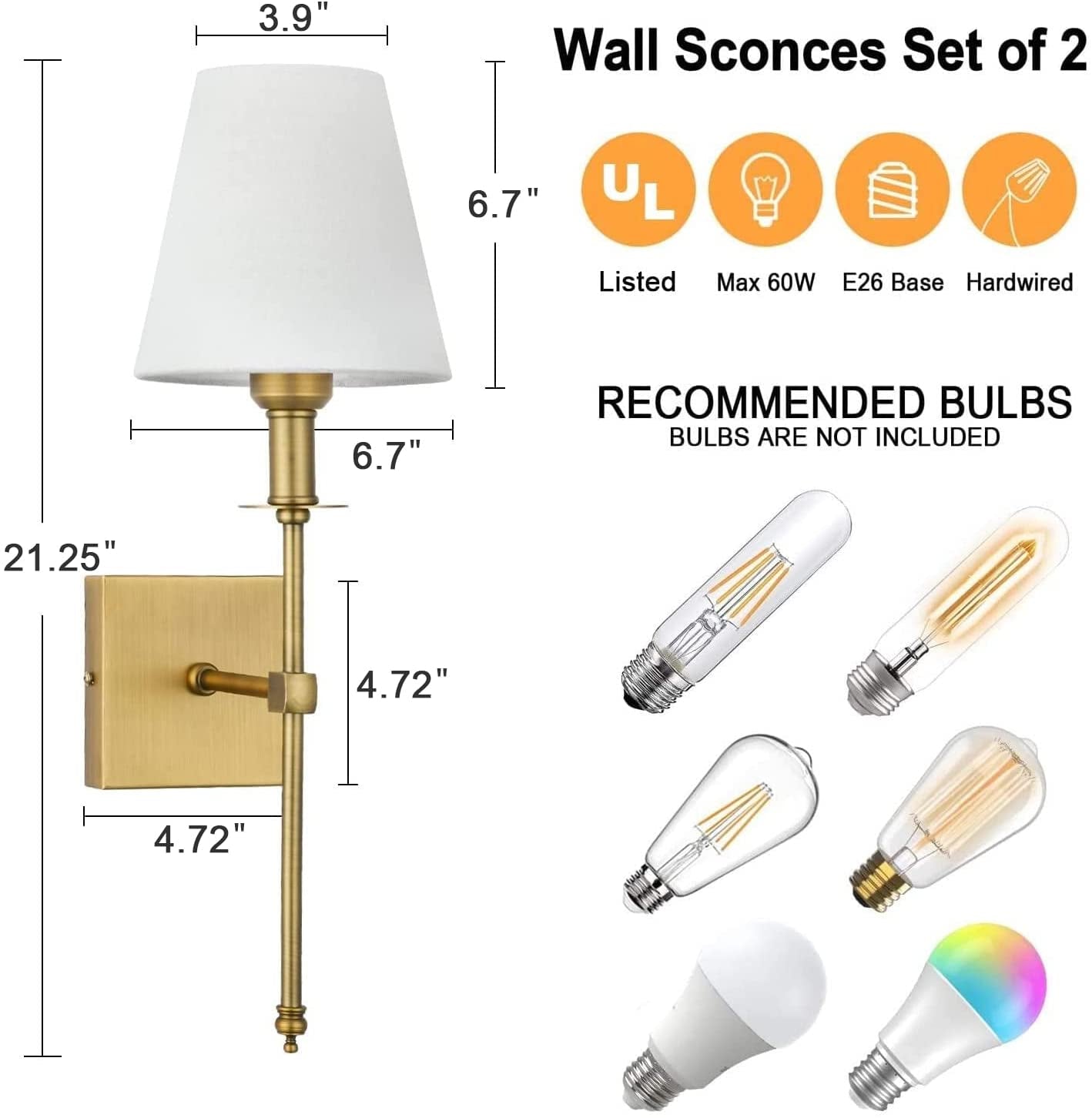 Wall Sconces Sets of 2, Brushed Brass Sconces Wall Lighting with Fabric Shade, Column Stand Bathroom Vanity Light Fixture for Hallway, Entryway, Passway Kitchen, Gold