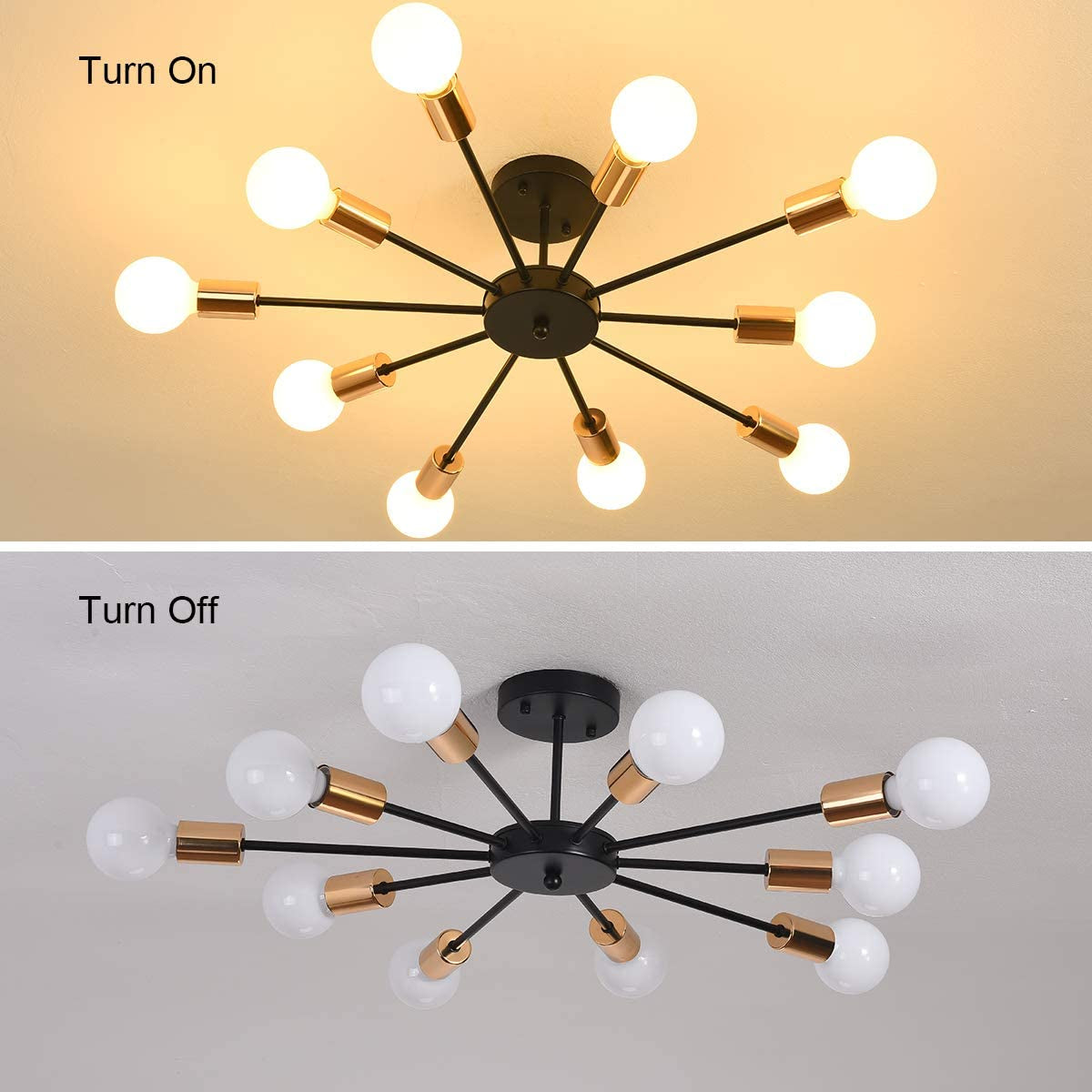 Semi Flush Mount Ceiling Light,10-Light E26 Base Modern Black Sputnik Chandelier,Industrial Ceiling Lamp Fixture for Kitchen Farmhouse Living Room Dining Room
