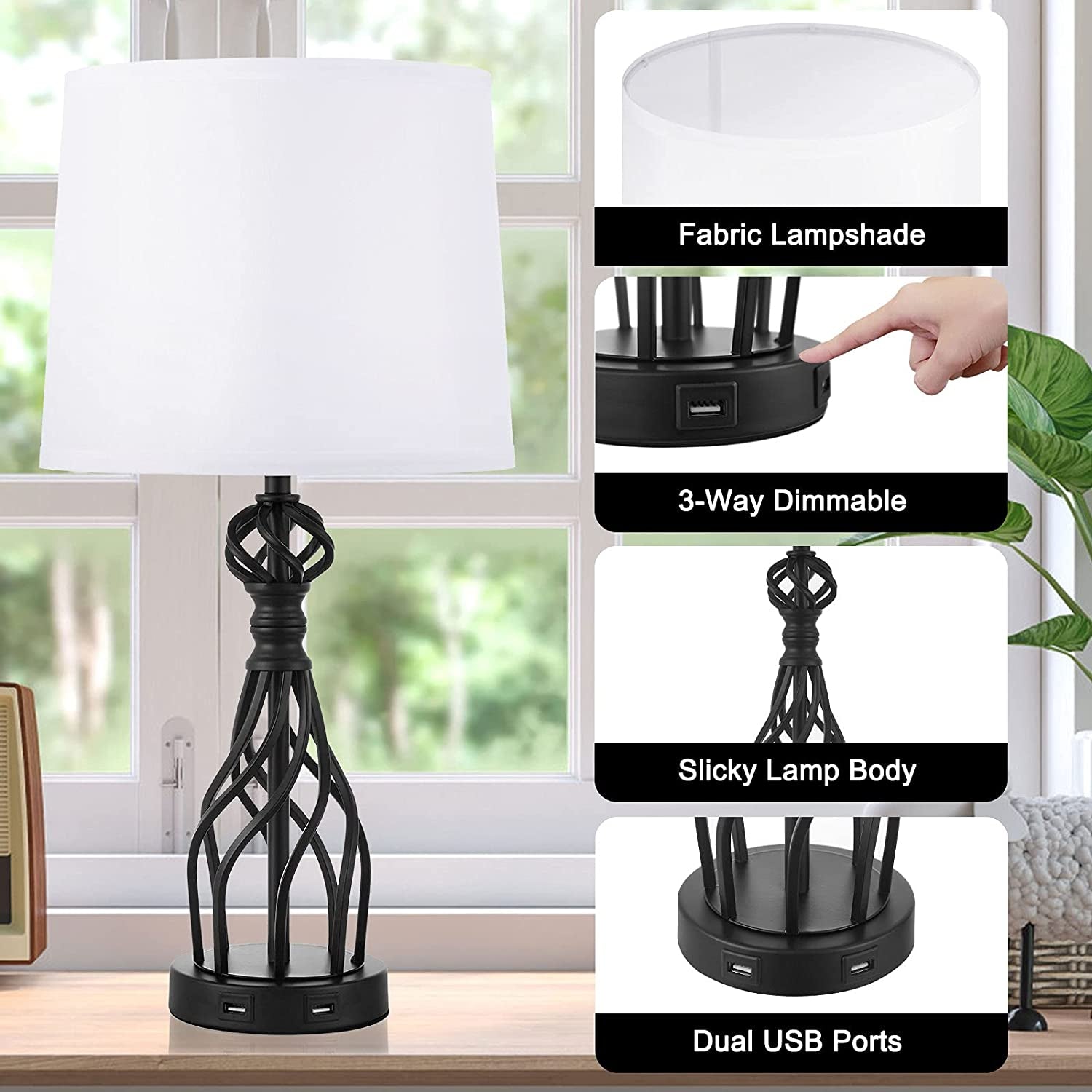 Set of 2 Touch Control Table Lamp with 2 USB Ports, 3-Way Dimmable Modern Nightstand Lamp Sets, Bedroom Lamp Set of 2 with Fabric Shade, Bedside Touch Desk Lamp for Bedroom Living Room(Bulbs Included)