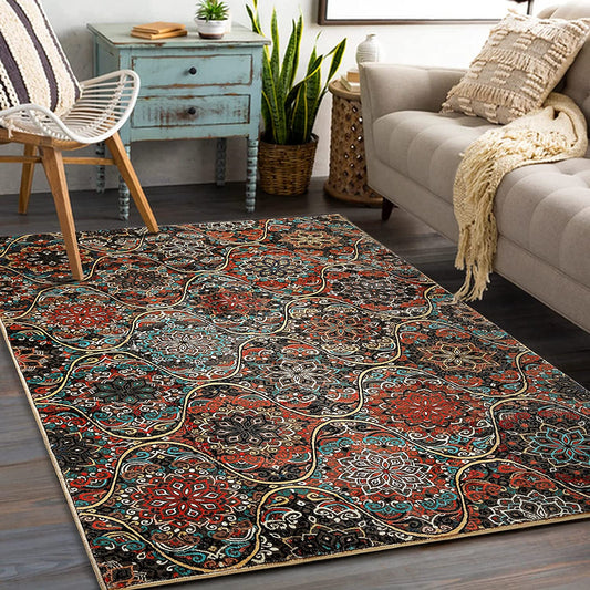 Oriental Mandala Area Rug 3X5 Faux Wool Brown Tribal Traditional Kitchen Rug Rubber Backed Vintage Moroccan Trellis Accent Throw Rugs for Bedroom Living Room Entryway (3X5, Brown)