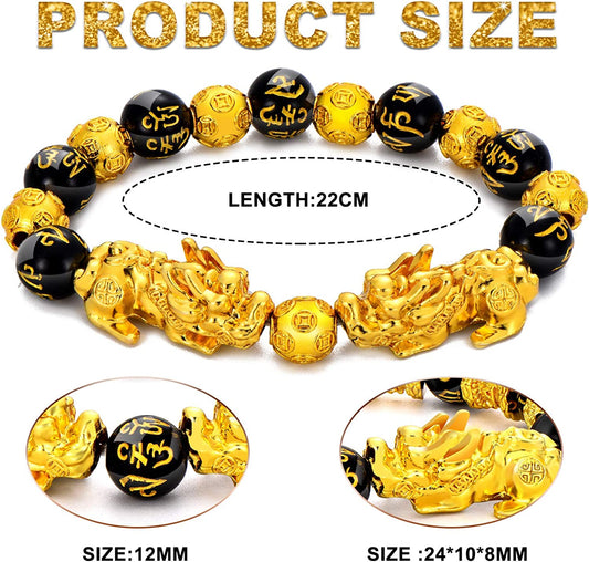 2 Pieces 12 Mm Feng Shui Bead Bracelet Chinese Bracelet with Hand Carved Black Amulet Bead Bracelet for Attracting Wealth and Good Luck