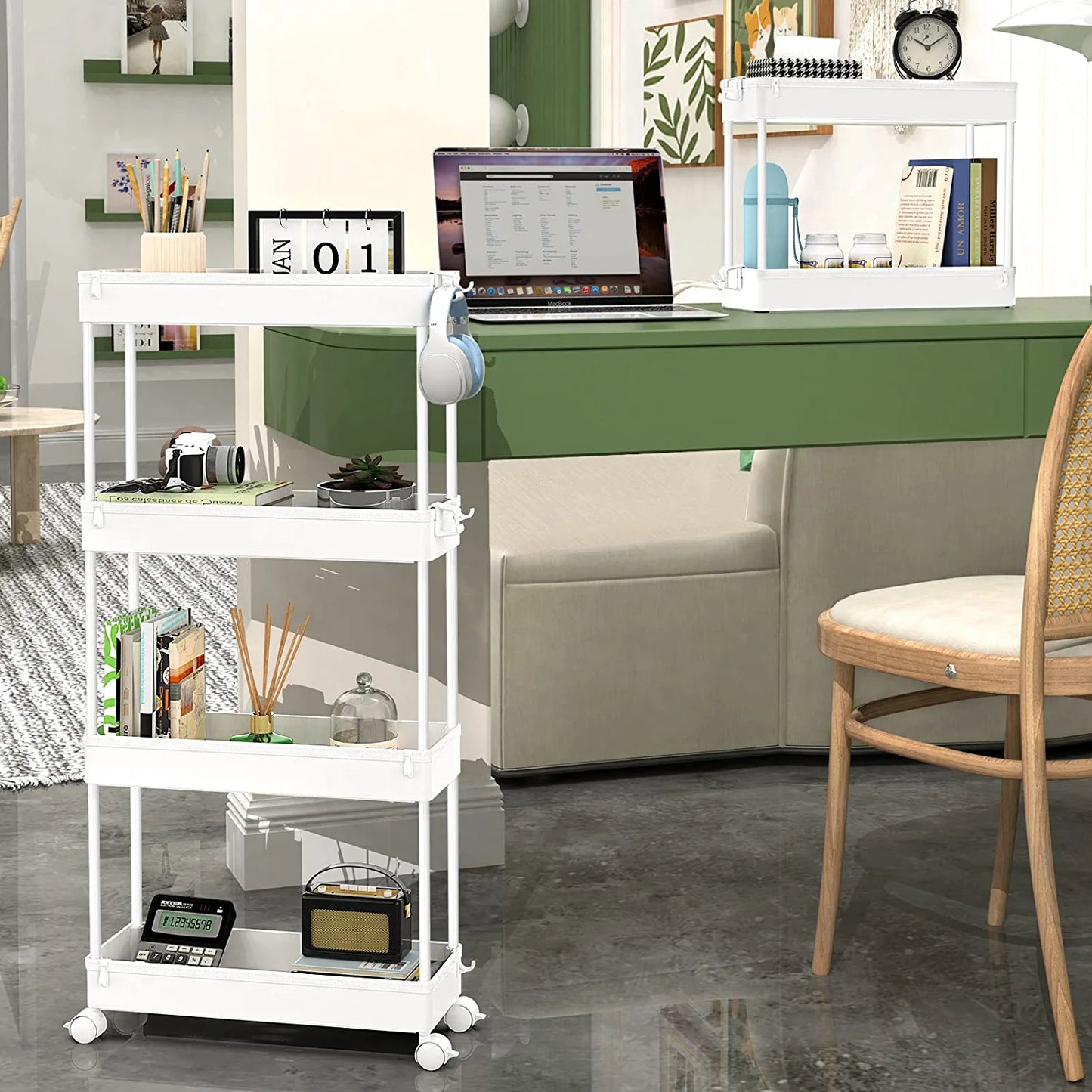 Slim Rolling Storage Cart 4 Tier Bathroom Organizer Mobile Shelving Unit Storage Rolling Utility Cart Tower Rack for Kitchen Bathroom Laundry Narrow Places, White