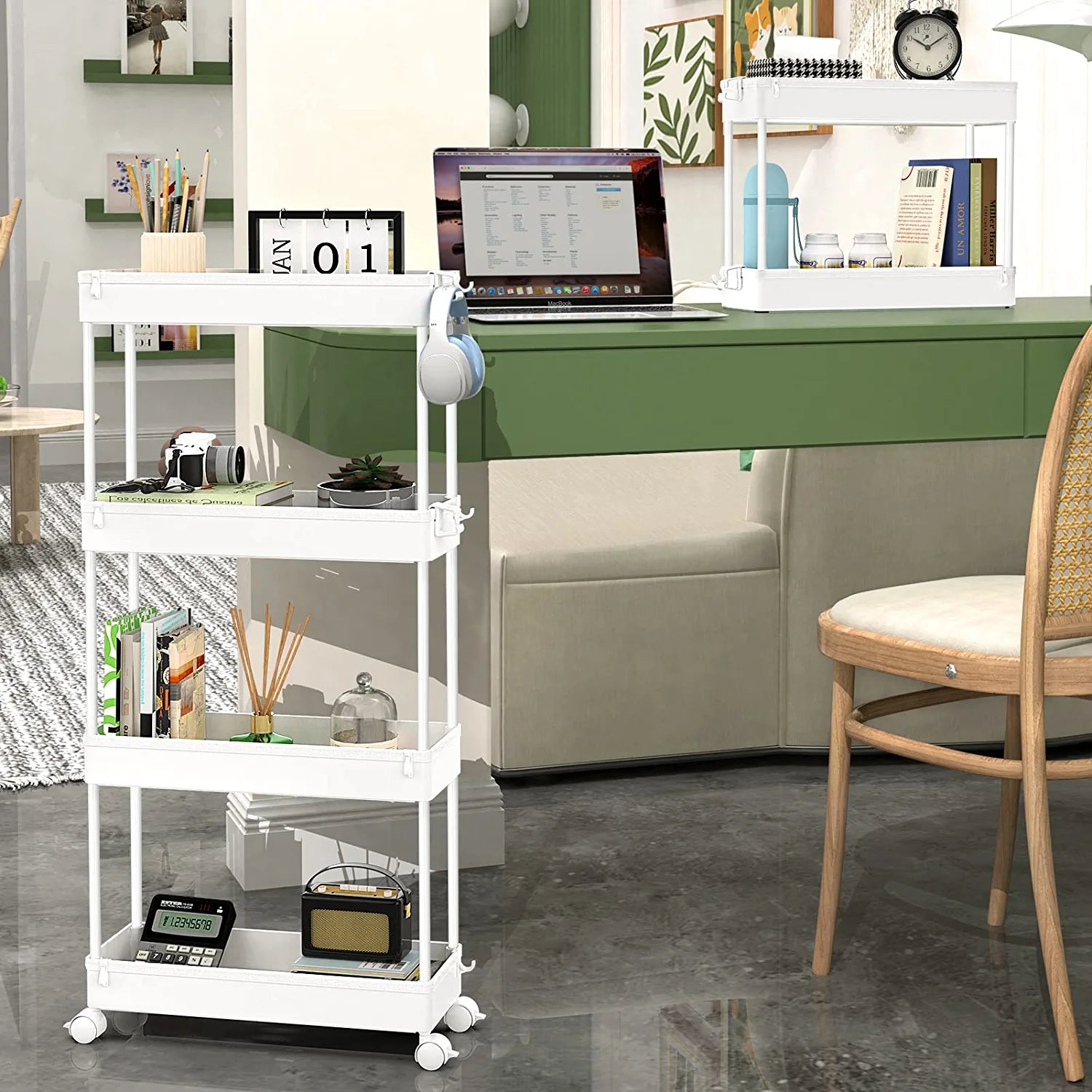 Slim Rolling Storage Cart 4 Tier Bathroom Organizer Mobile Shelving Unit Storage Rolling Utility Cart Tower Rack for Kitchen Bathroom Laundry Narrow Places, White