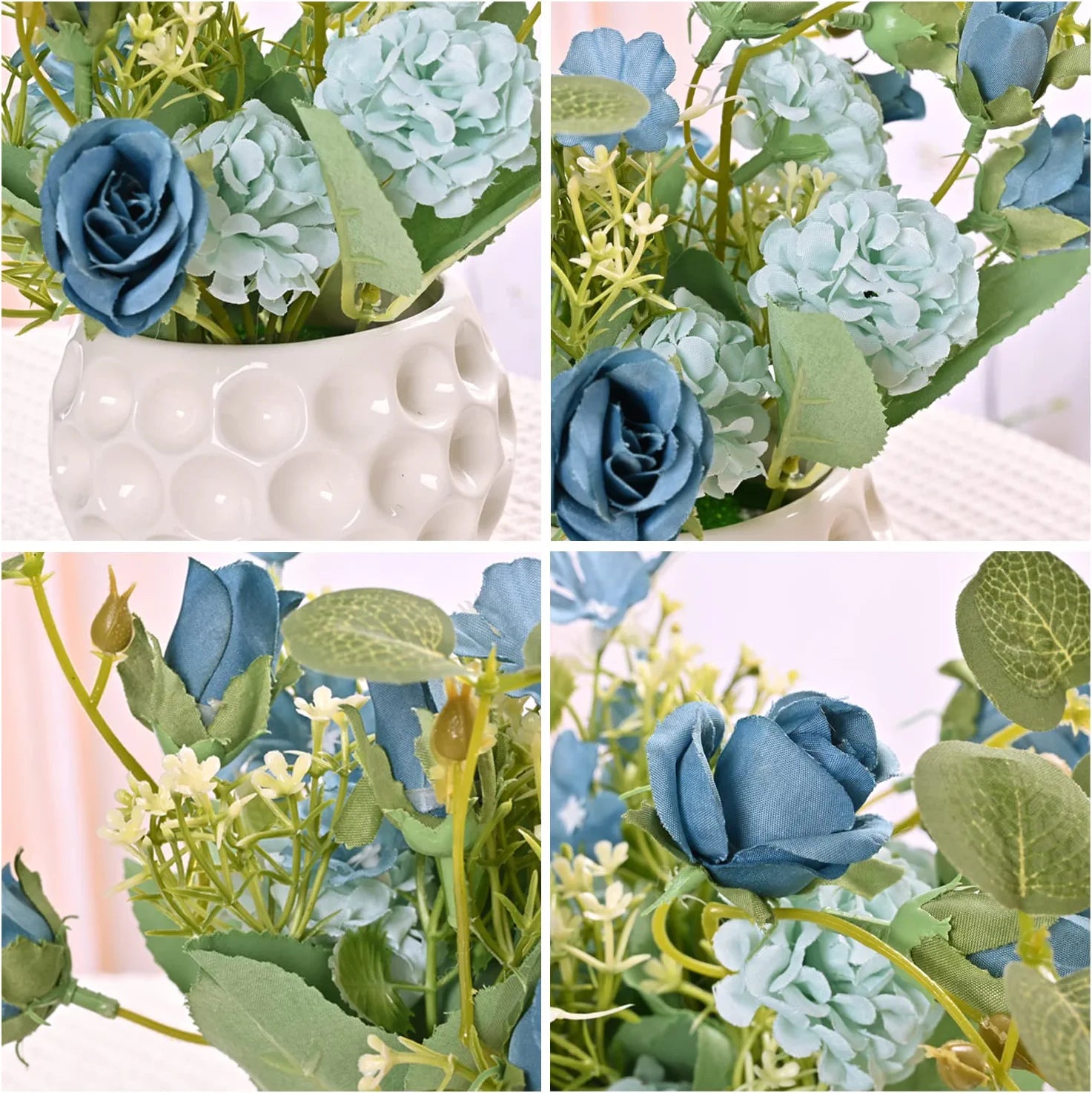 Artificial Rose Flowers in Ceramic Vase Blue, Faux Hydrangea Flower Arrangements for Home Decor Fake Flowers with Vase for Table Centerpieces Decoration