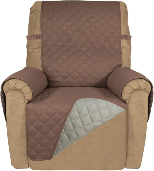 Reversible Quilted Recliner Sofa Cover, Water Resistant Slipcover Furniture Protector, Washable Couch Cover with Elastic Straps for Kids, Dogs, Pets (Recliner, Brown/Beige)