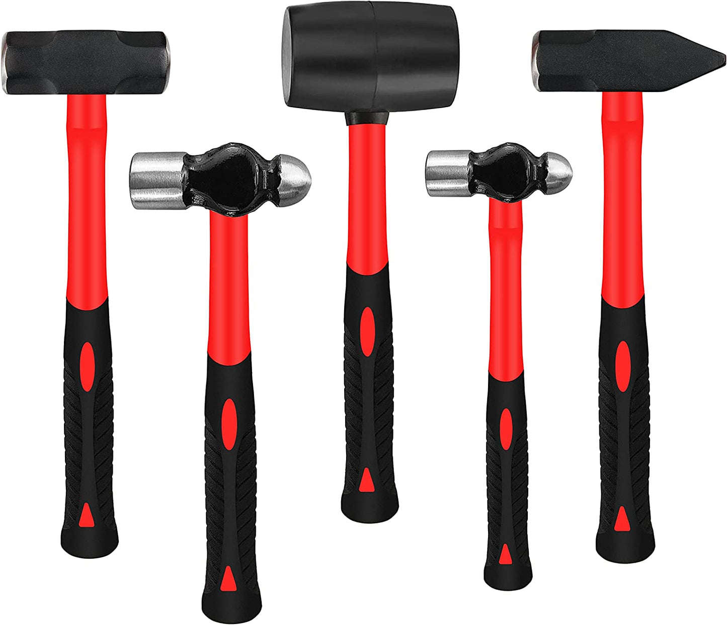 5-Piece Hammer Set, Fiberglass Handle Mallets for Soft Blow Tasks, Shock Reduction Grip Home Garage Kit with Rubber Hammer, Ball Peen Hammer, Sledge Hammer, Cross Peen Hammer