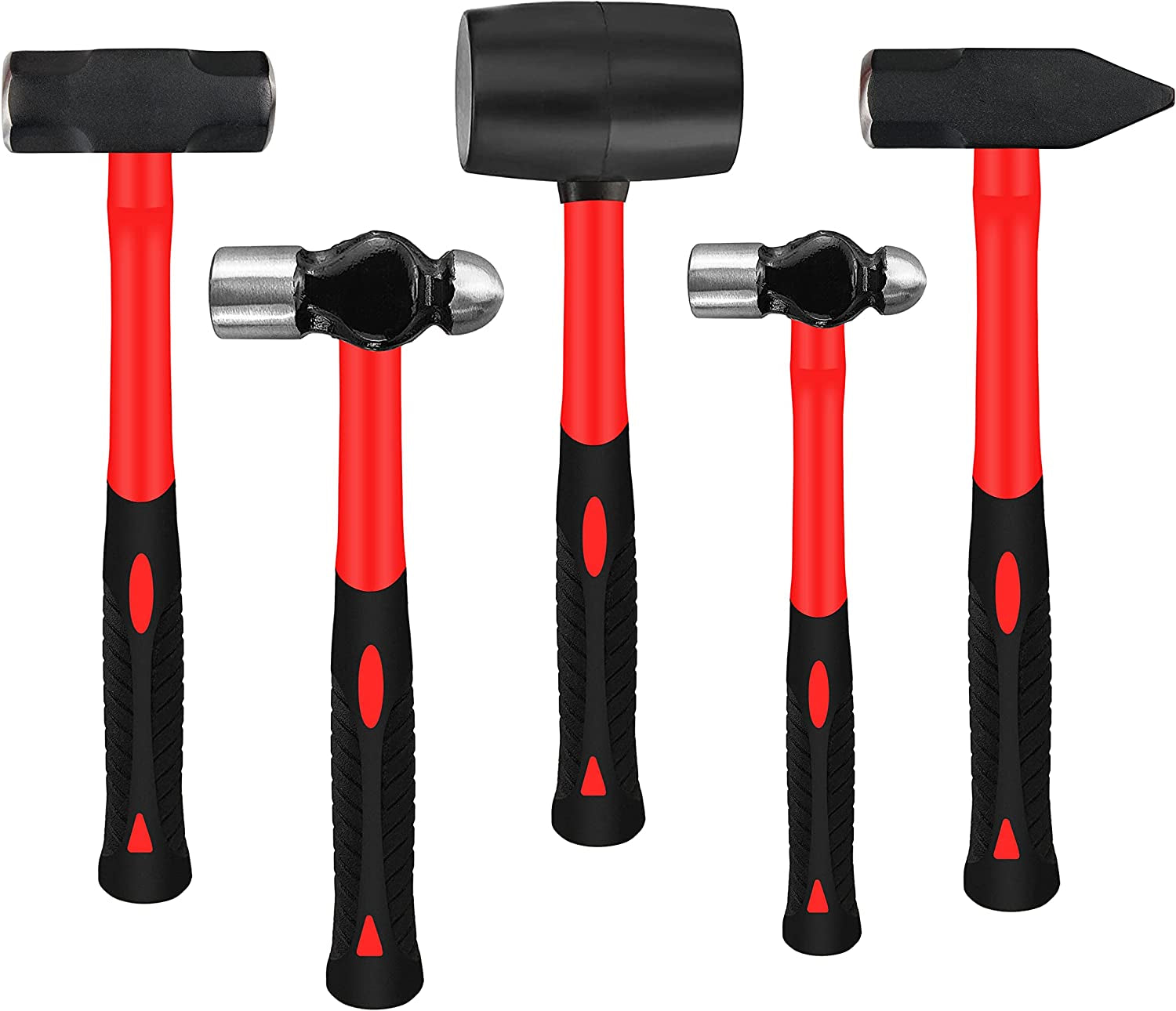 5-Piece Hammer Set, Fiberglass Handle Mallets for Soft Blow Tasks, Shock Reduction Grip Home Garage Kit with Rubber Hammer, Ball Peen Hammer, Sledge Hammer, Cross Peen Hammer