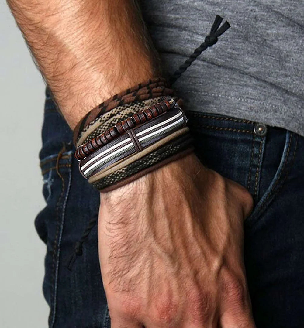 24 Pcs Woven Leather Bracelet for Men Women Cool Leather Wrist Cuff Bracelets Adjustable