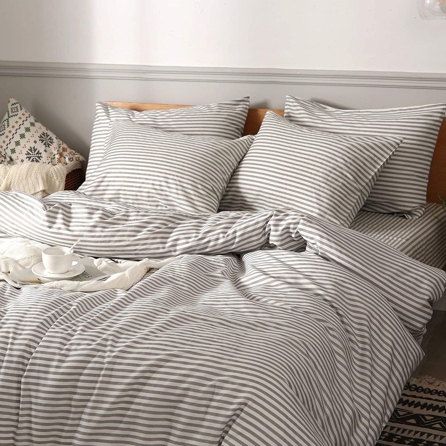 100% Natural Cotton 2Pcs Striped Duvet Cover Sets,White Duvet Cover with Grey Stripes Pattern Printed Comforter Cover,With Zipper Closure & Corner Ties(Twin Size)