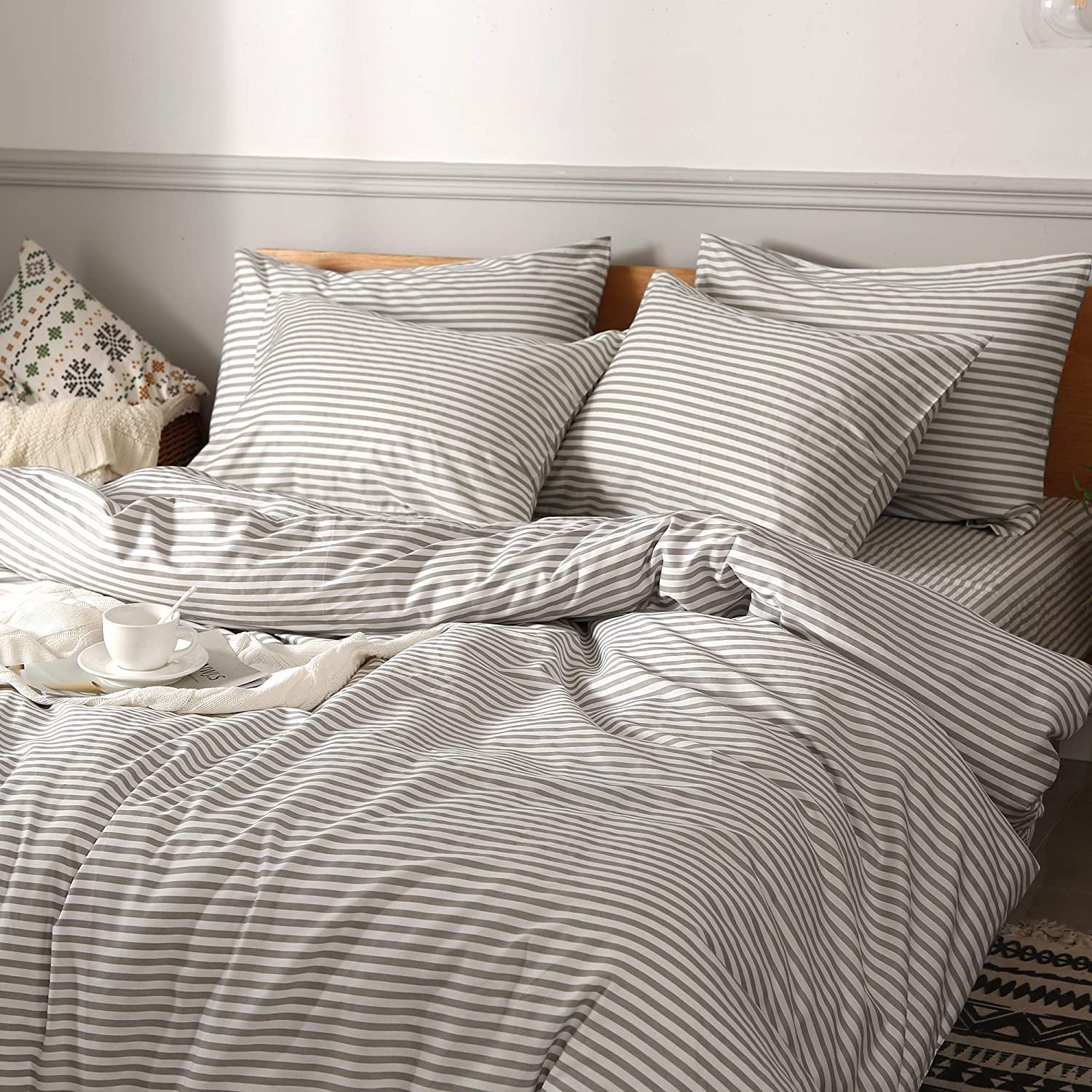 100% Natural Cotton 2Pcs Striped Duvet Cover Sets,White Duvet Cover with Grey Stripes Pattern Printed Comforter Cover,With Zipper Closure & Corner Ties(Twin Size)