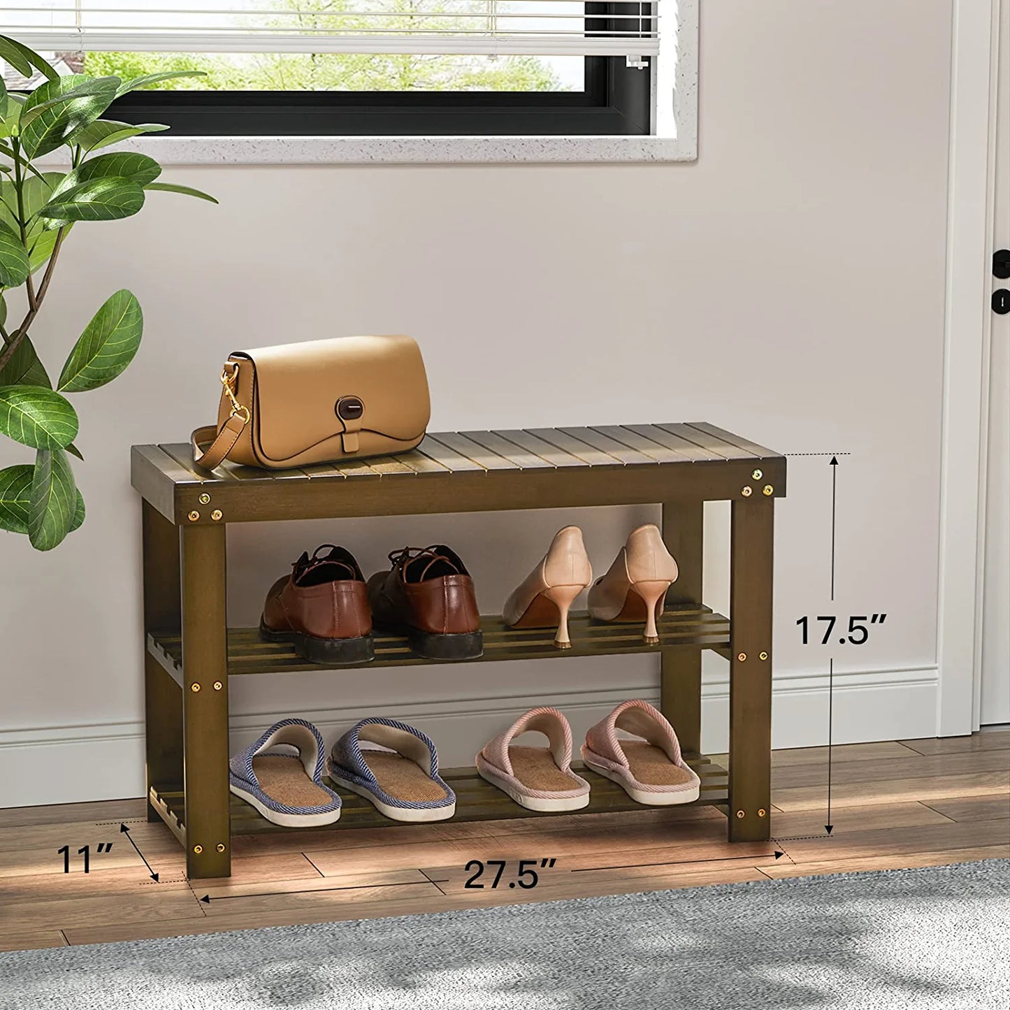 Bamboo Shoe Rack Bench, 3-Tier Sturdy Shoe Organizer, Storage Shoe Shelf, Holds up to 300Lbs for Entryway Bedroom Living Room Balcony (Dark Brown)