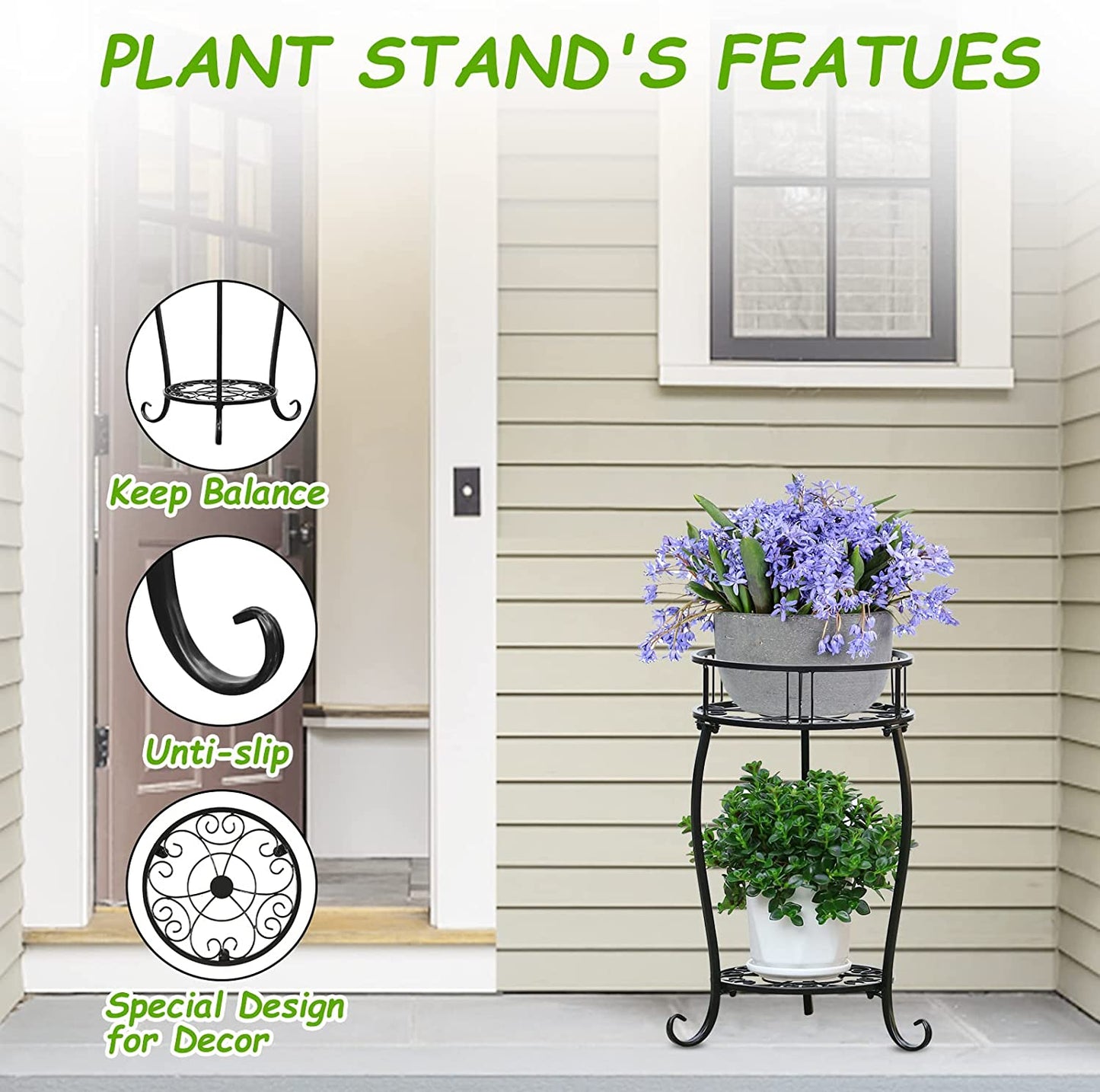 Potted Plant Stand 2 Tier Metal Flower Pot Stand Anti-Rust Heavy Duty Plant Holder Shelf for Home Indoor Outdoor