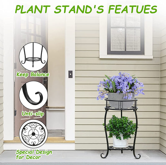 Potted Plant Stand 2 Tier Metal Flower Pot Stand Anti-Rust Heavy Duty Plant Holder Shelf for Home Indoor Outdoor