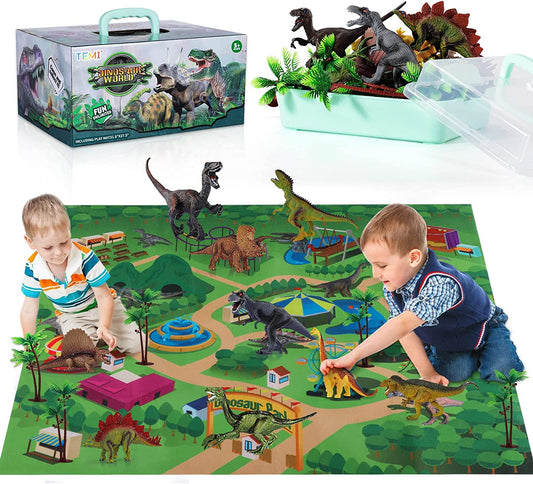 Dinosaur Toys for Kids 3-5 with Activity Play Mat & Trees, Realistic Jurassic Dinosaur Play Set to Create a Dino World Including T-Rex, Triceratops, Velociraptor, Great Gift for Boys & Girls
