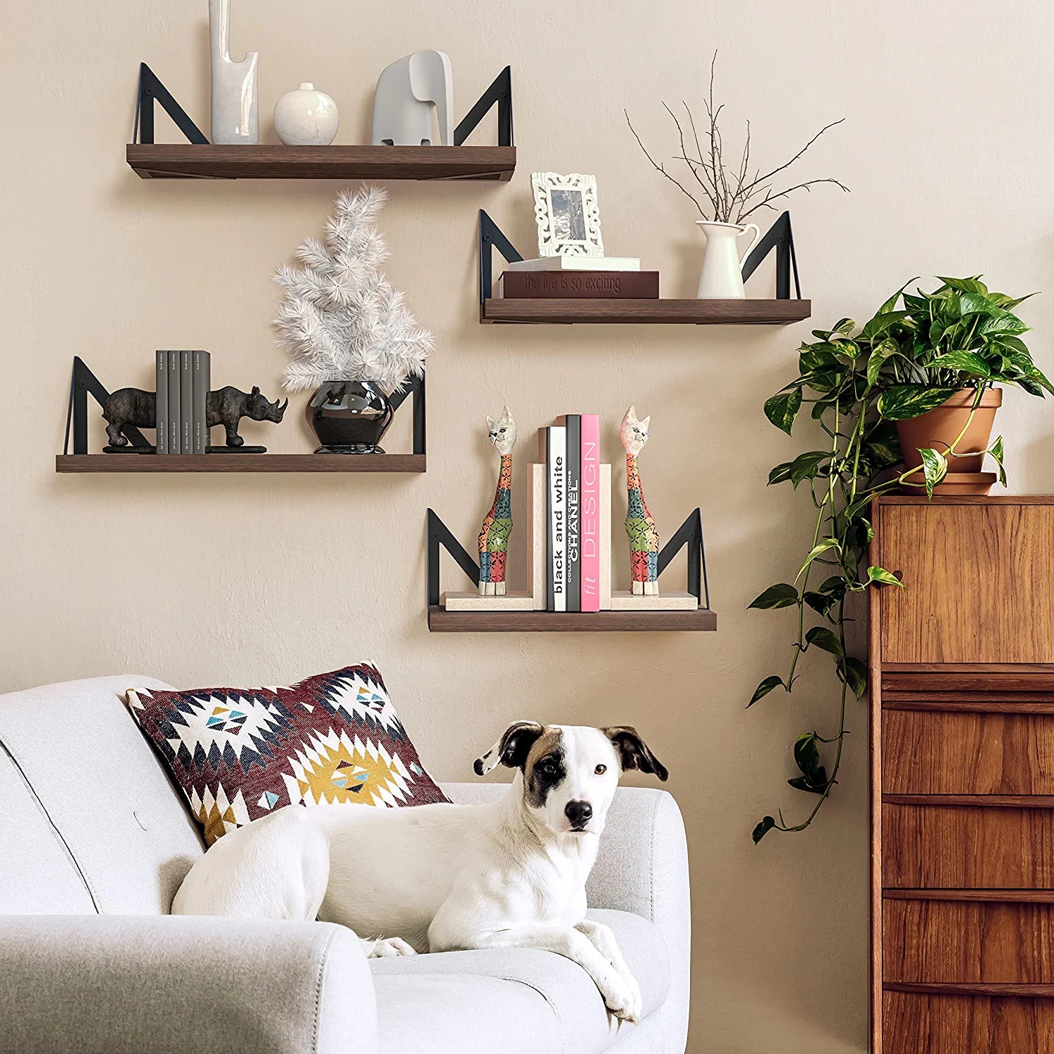 Floating Shelves Wall Mounted Set of 4, Rustic Wood Wall Shelves, Storage Shelves for Bedroom, Living Room, Bathroom, Kitchen, Office and More, Brown